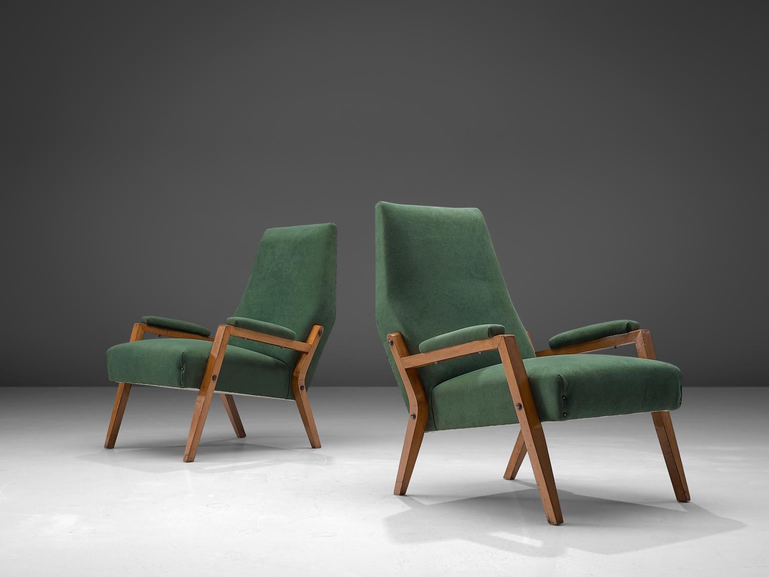 Italian Pair of High Back Lounge Chairs in Green Upholstery