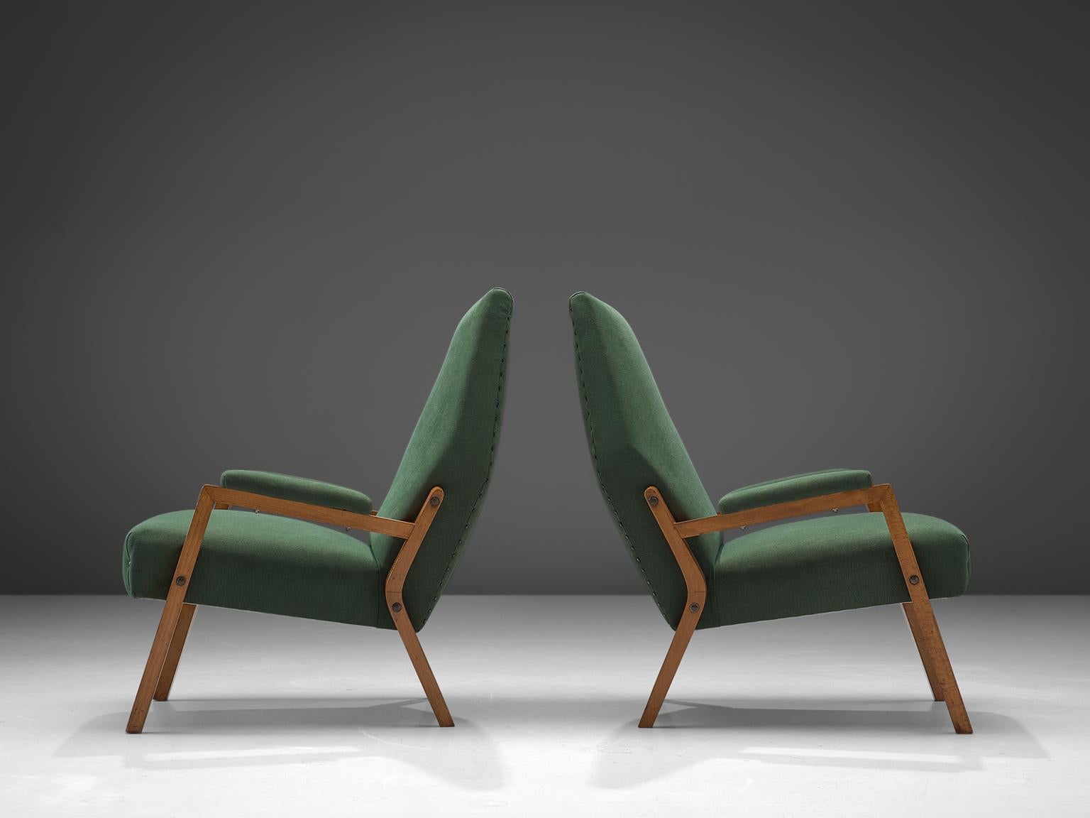 Italian Pair of High Back Lounge Chairs in Green Upholstery