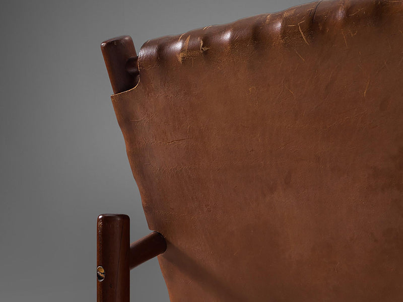 Ilmari Tapiovaara Sofa in Cognac Brown Leather and Light Blue Upholstery